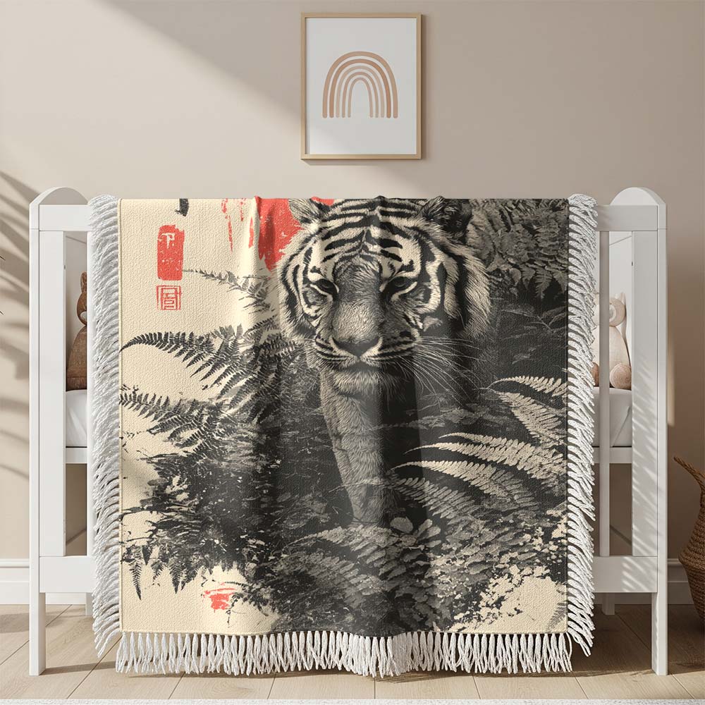 Japanischer Tiger mit Farnen Gewobene Decke – Woven Blanket Fransendecke Wandbehang 2