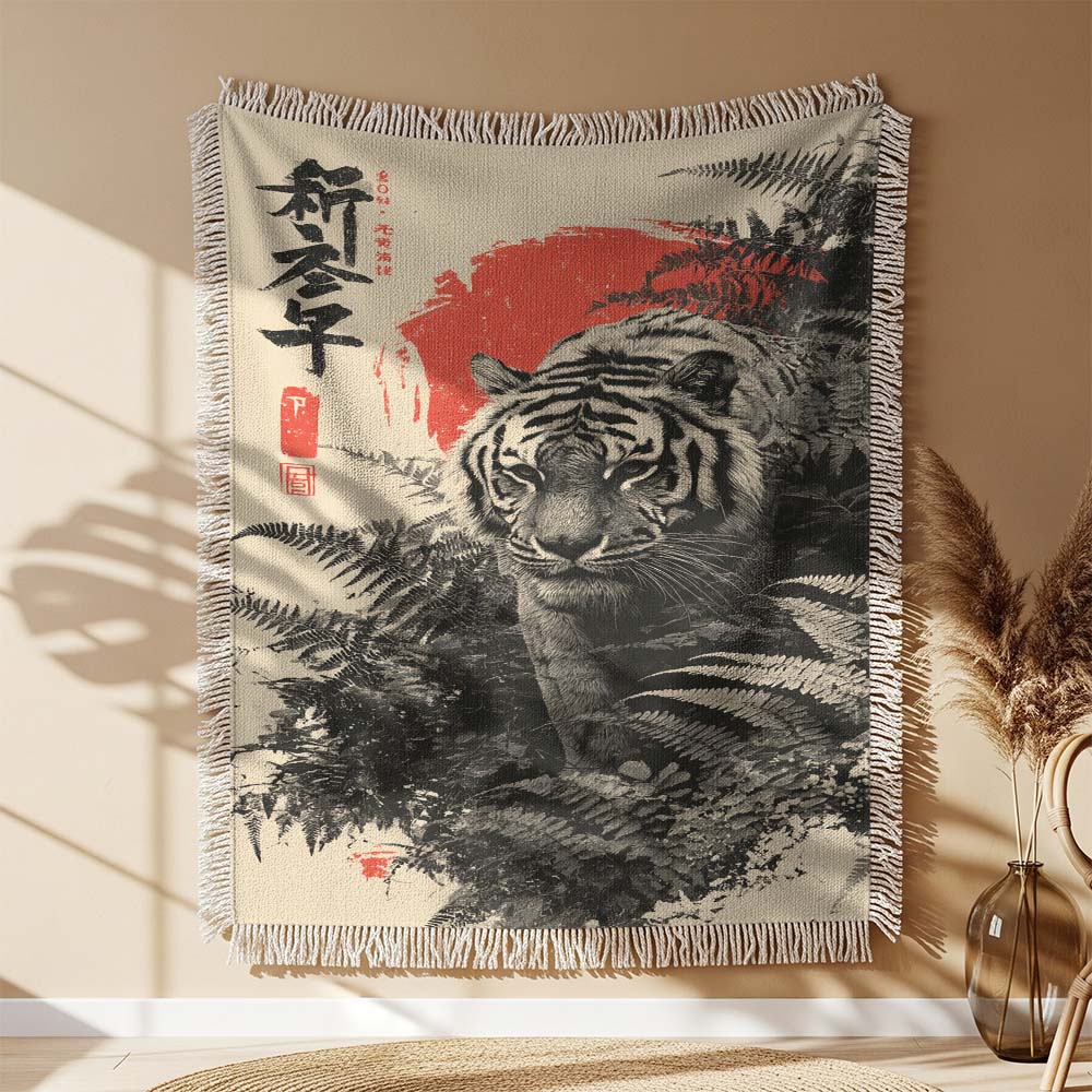Japanischer Tiger mit Farnen Gewobene Decke – Woven Blanket Fransendecke Wandbehang