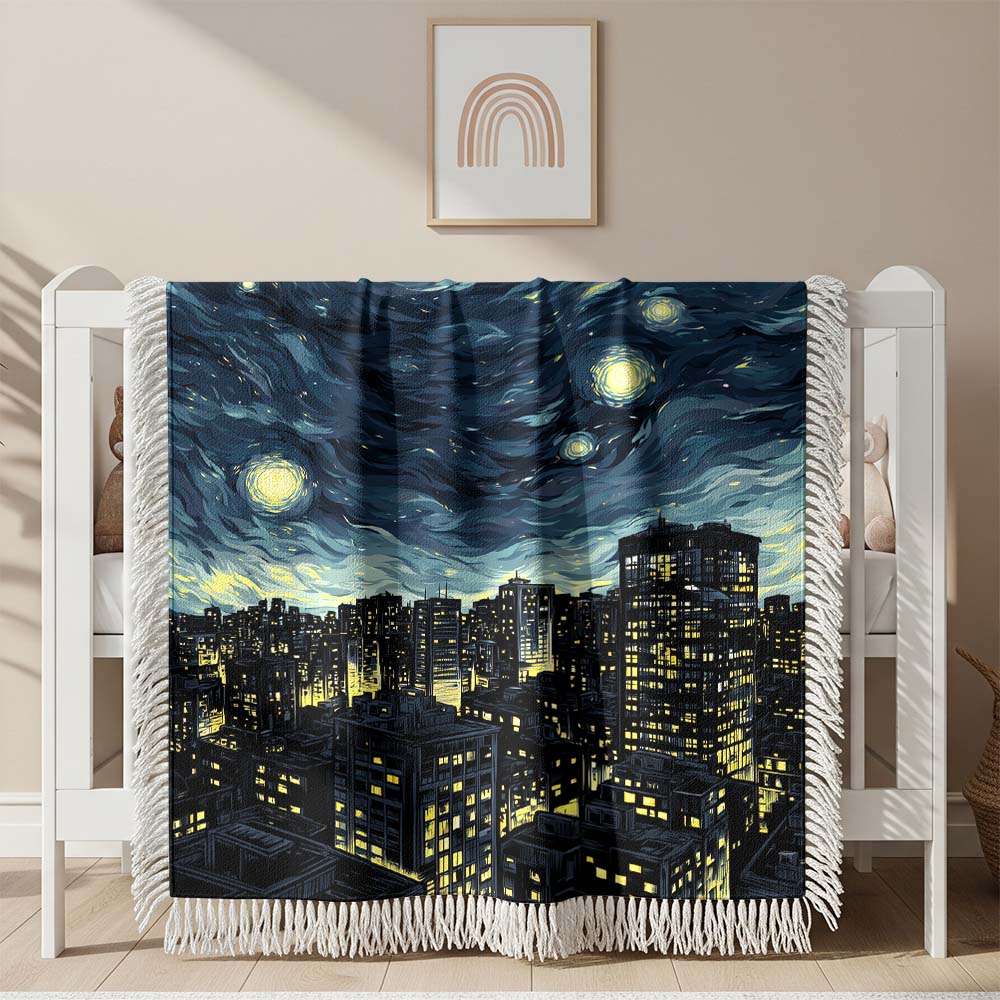 Ruhige Moderne Stadt bei Nacht Gewobene Decke – Woven Blanket Fransendecke Wandbehang 2