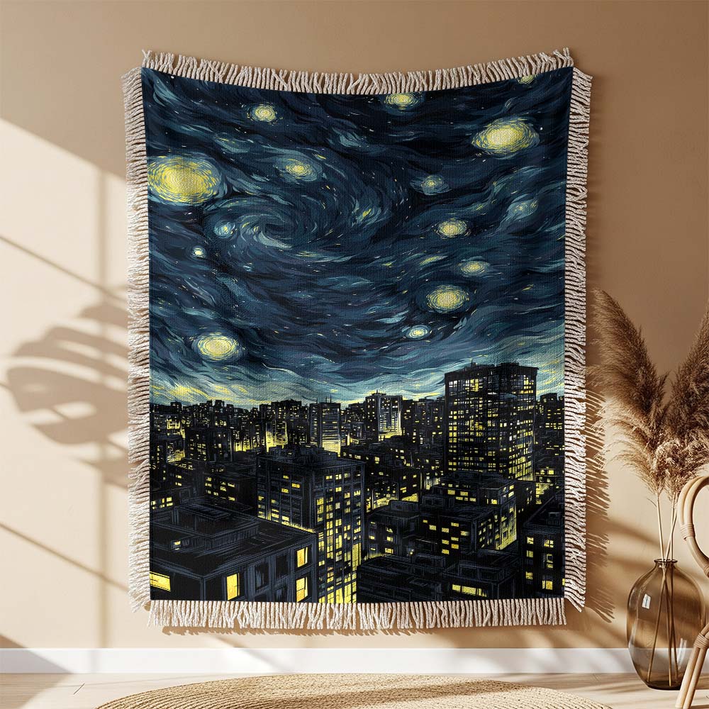 Ruhige Moderne Stadt bei Nacht Gewobene Decke – Woven Blanket Fransendecke Wandbehang