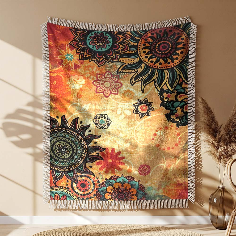Boho Sonne Gewobene Decke – Woven Blanket Fransendecke Wandbehang