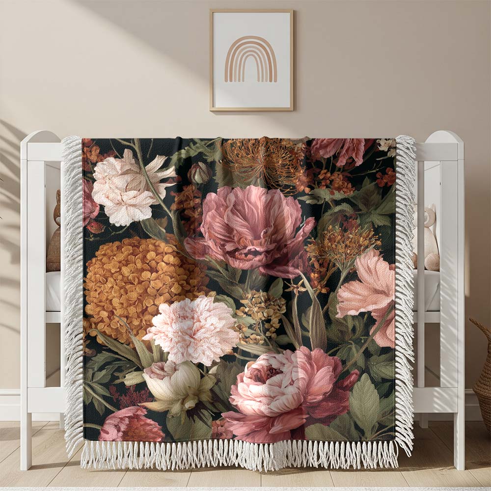 Botanisch Blumen Muster Gewobene Decke – Woven Blanket Fransendecke Sofadecke 2