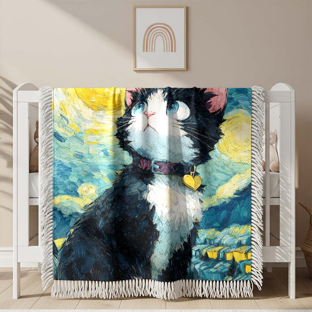 Katze in der Nacht Gewobene Decke – Woven Blanket Fransendecke Sofadecke 2