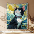 Katze in der Nacht Gewobene Decke – Woven Blanket Fransendecke Sofadecke