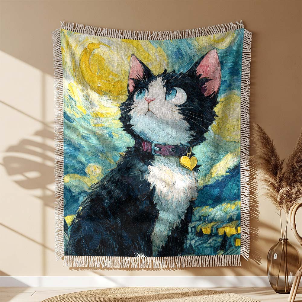 Katze in der Nacht Gewobene Decke – Woven Blanket Fransendecke Sofadecke