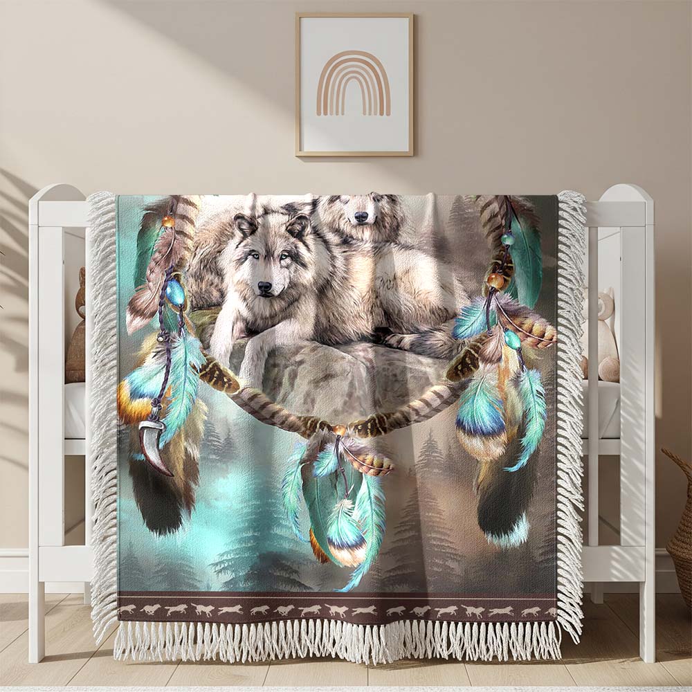 Traumfänger Wölfe Gewobene Decke – Woven Blanket Fransendecke Wandbehang 2