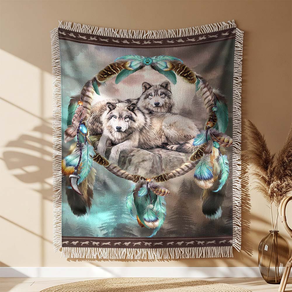 Traumfänger Wölfe Gewobene Decke – Woven Blanket Fransendecke Wandbehang