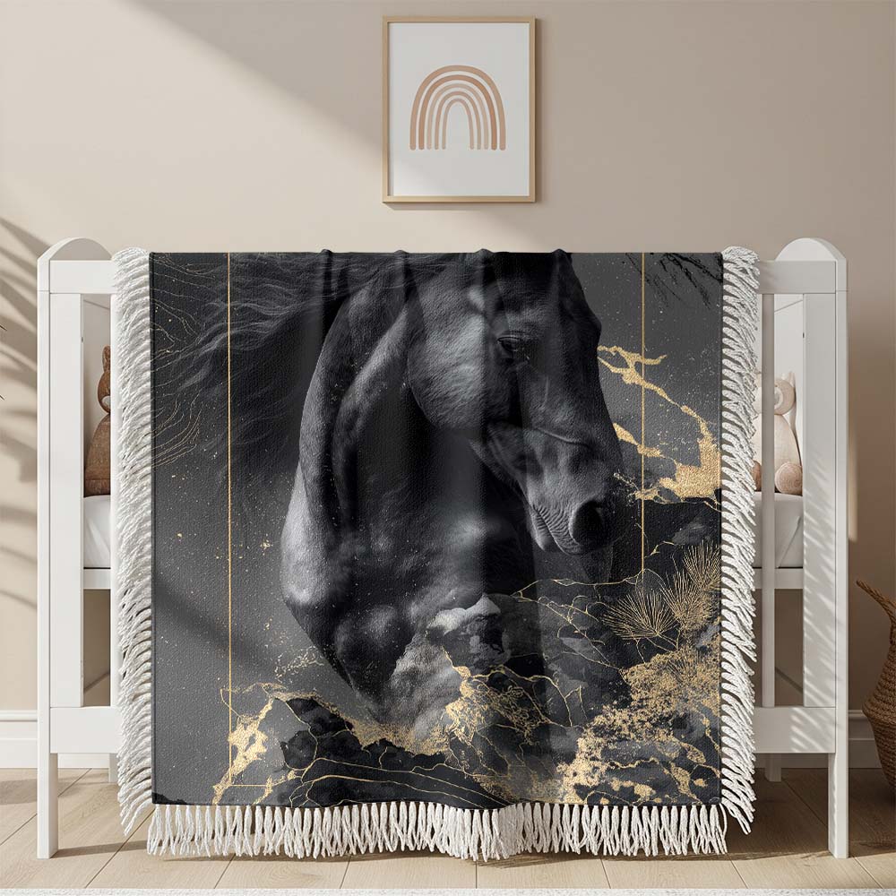 Schwarzes Pferd Gewobene Decke – Woven Blanket Fransendecke Sofadecke 2