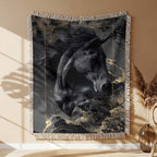 Schwarzes Pferd Gewobene Decke – Woven Blanket Fransendecke Sofadecke