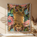 Tiger Trippy Blumen Muster Gewobene Decke – Woven Blanket Fransendecke Tagesdecke