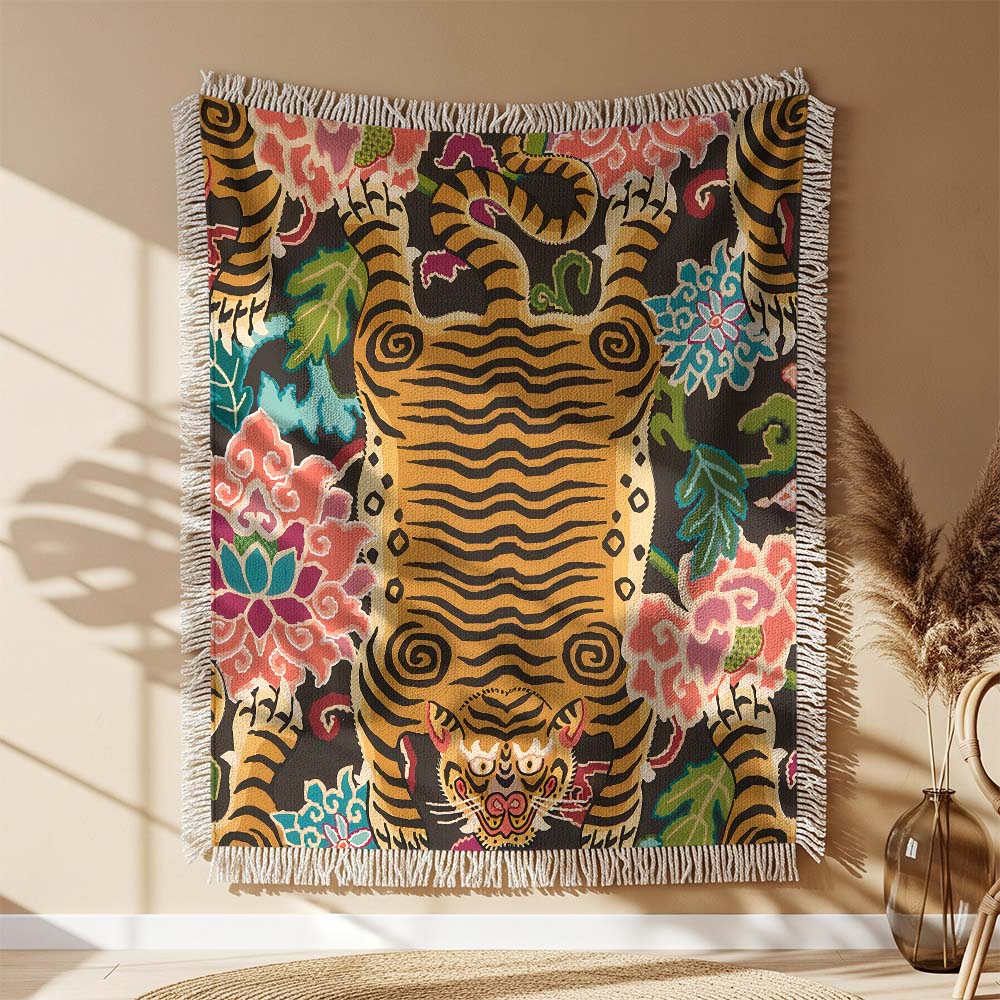 Tiger Trippy Blumen Muster Gewobene Decke – Woven Blanket Fransendecke Tagesdecke