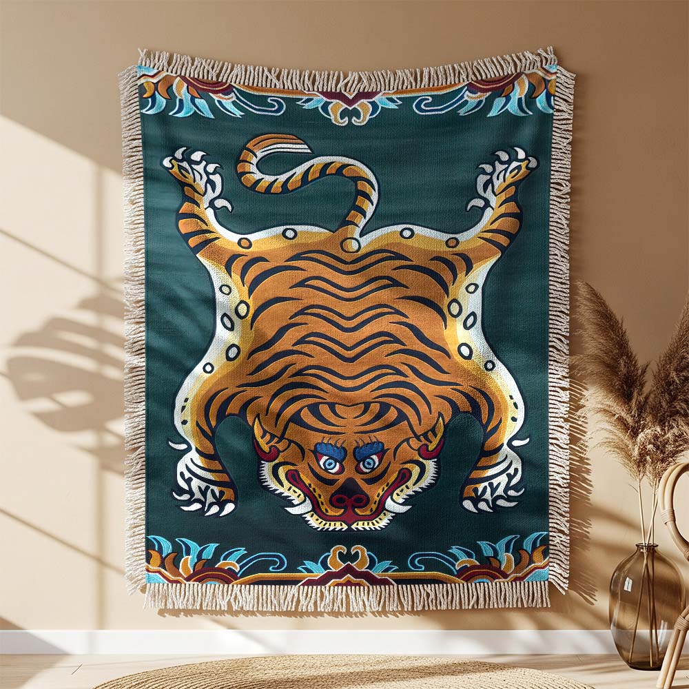 Tiger Trippy Kunst Gewobene Decke – Woven Blanket Fransendecke Wandbehang